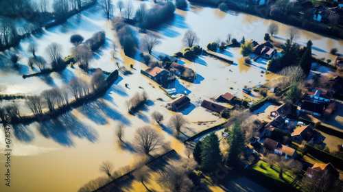 vue aérienne d'un village inondé suite à de très fortes précipitation automnale photo