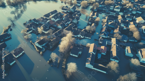 vue aérienne d'un village inondé suite à de très fortes précipitation automnale