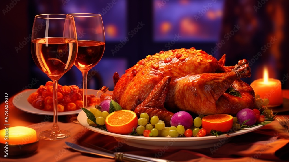 a glass of wine on a table next to a thanksgiving turkey and some fruit. Fantasy concept , Illustration painting. a glass of wine on a table next to a thanksgiving turkey and some fruit. Fantasy concept , Illustration painting.