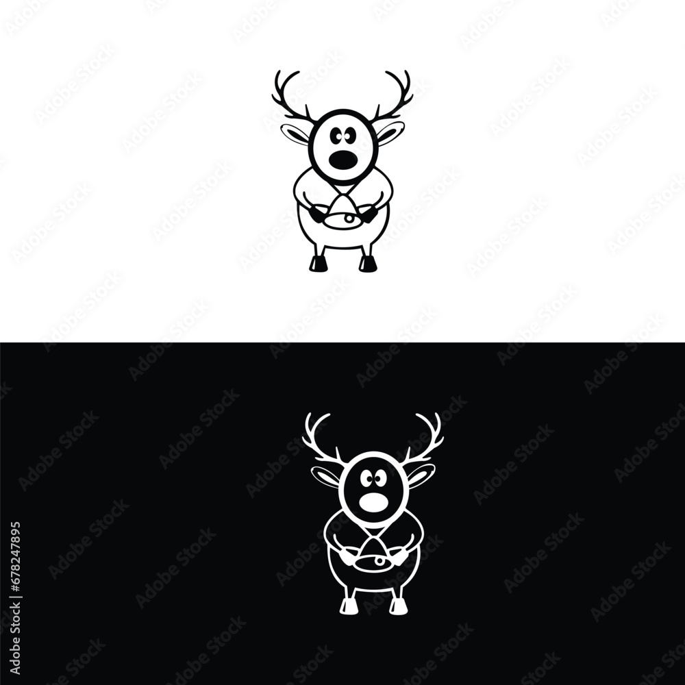 Christmas reindeer. Elk deer sled with red nose horns and hooves sweet candy red ribbon and bell. . Winter holiday. Vector,reindeer outline icon in white and black colors. Christmas reindeer. Elk deer sled with red nose horns and hooves sweet candy red ribbon and bell. . Winter holiday. Vector,reindeer outline icon in white and black colors.