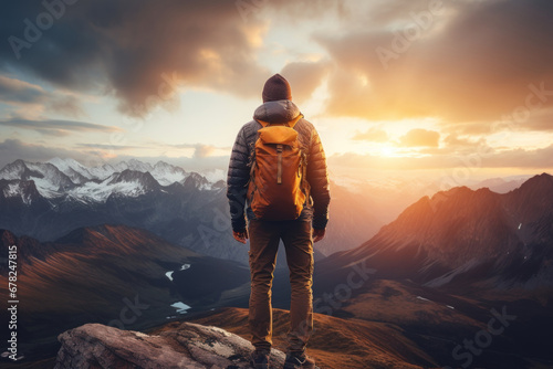 A hiker standing on a mountain peak, watching the sun sink below the distant horizon. Concept of outdoor exploration and achievement. Generative Ai.