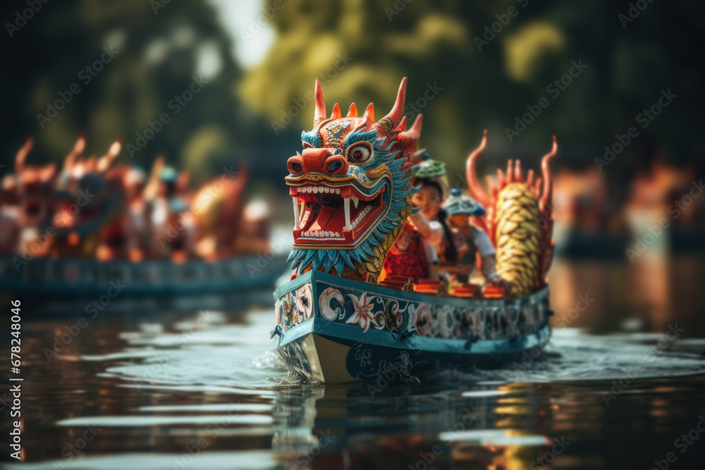 A Chinese family participating in a dragon boat race during a local festival. Concept of community involvement and competition. Generative Ai. - obrazy, fototapety, plakaty 