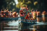 A Chinese family participating in a dragon boat race during a local festival. Concept of community involvement and competition. Generative Ai.