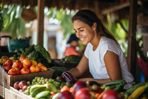 A young woman buys fruits and vegetables from a vendor at a summer market. ai generative