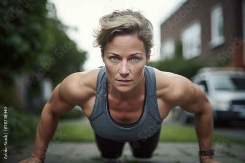 Photography in the style of pensive portraiture of a handsome mature woman doing push ups outdoors. With generative AI technology