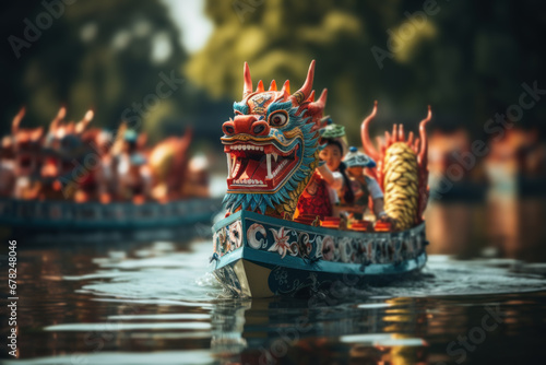 A Chinese family participating in a dragon boat race during a local festival. Concept of community involvement and competition. Generative Ai. photo