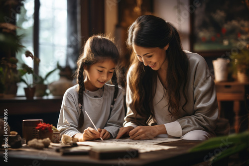A mother and daughter practicing calligraphy together in their home. Concept of cultural education and bonding. Generative Ai.