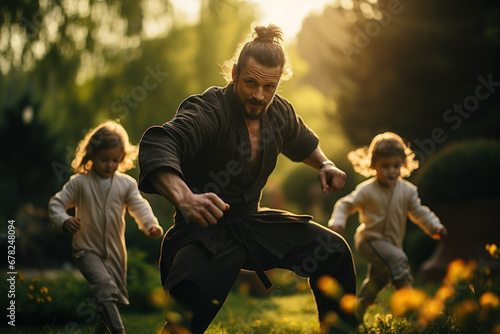 A family of martial artists practicing kung fu in a peaceful garden. Concept of self-discipline and physical fitness. Generative Ai. photo