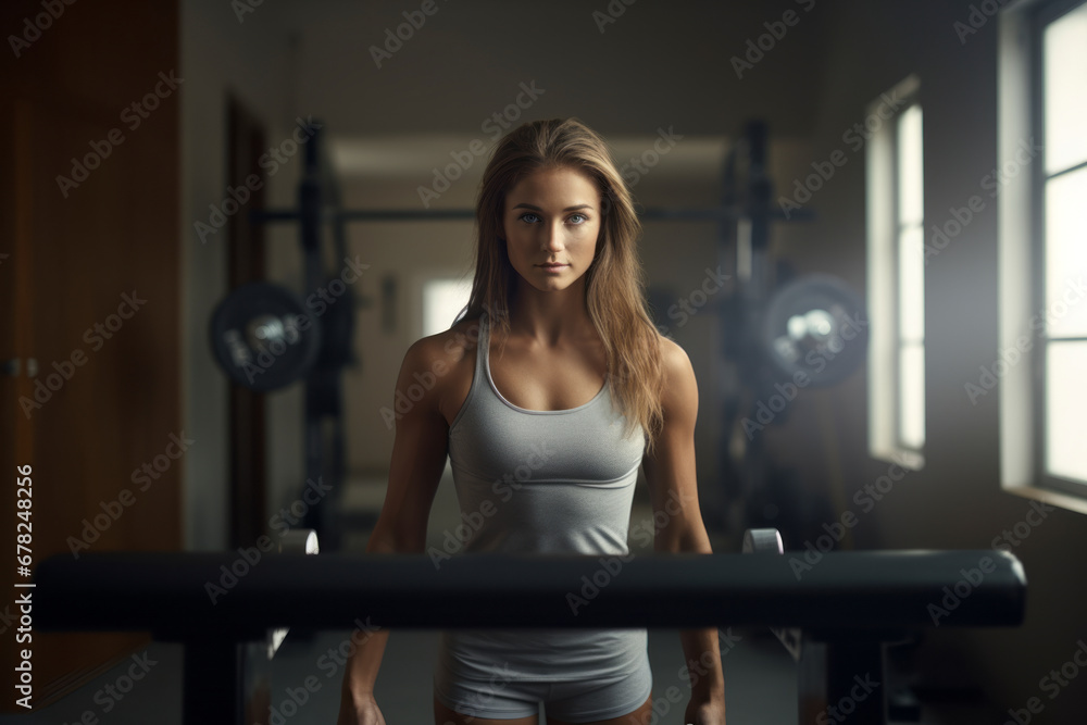 Medium shot portrait photography of a determined girl in her 30s practicing weight bench in an empty room. With generative AI technology Medium shot portrait photography of a determined girl in her 30s practicing weight bench in an empty room. With generative AI technology