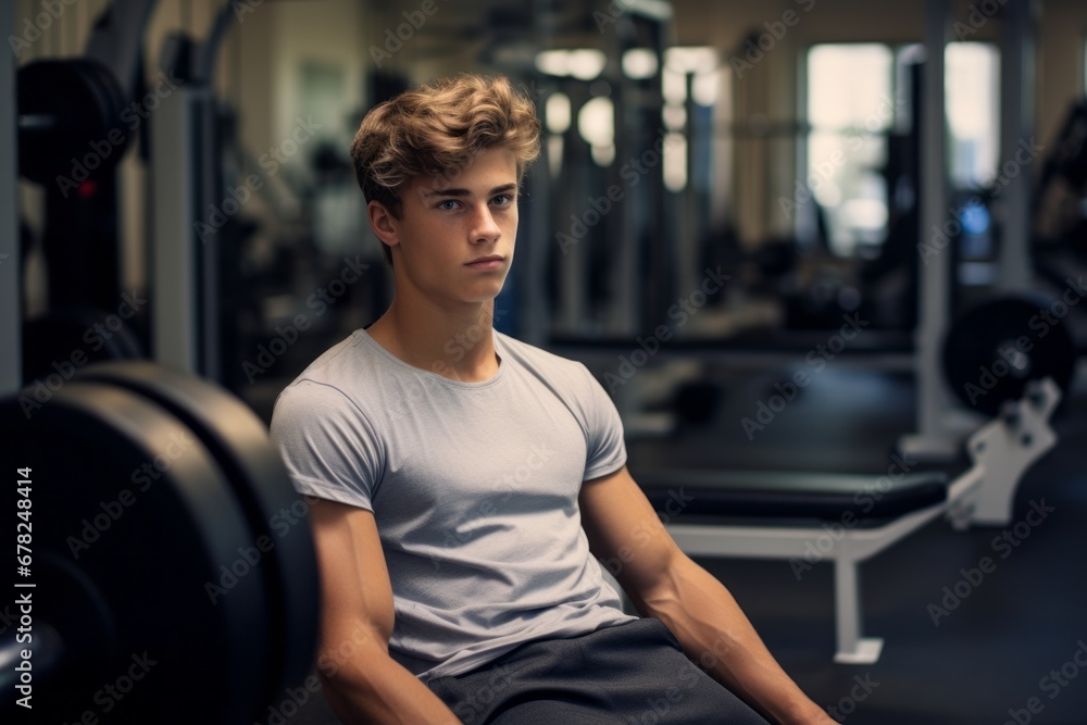 Medium shot portrait photography of a determined boy in his 20s practicing weight bench in a gym. With generative AI technology