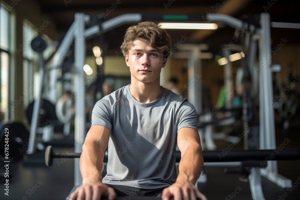 Medium shot portrait photography of a determined boy in his 20s practicing weight bench in a gym. With generative AI technology Medium shot portrait photography of a determined boy in his 20s practicing weight bench in a gym. With generative AI technology