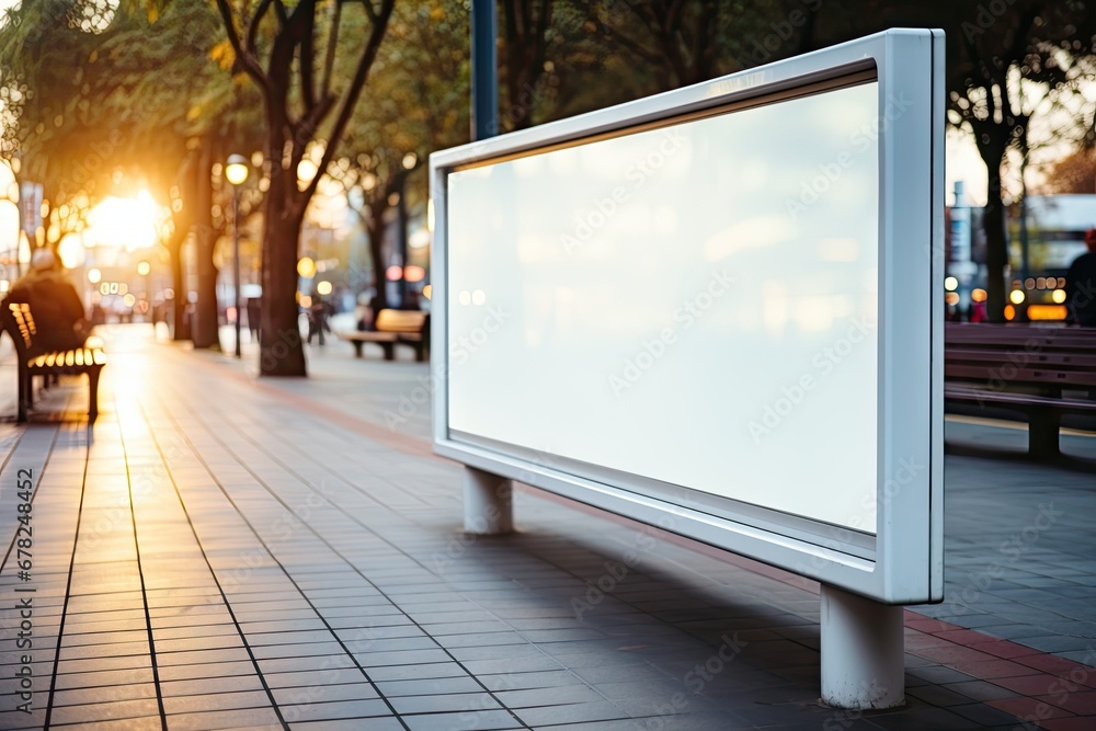 Blank white billboard or display, advertising, blurred background.by Generative AI.