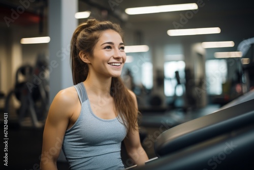 Medium shot portrait photography of a satisfied girl in her 20s practicing weight bench in a gym. With generative AI technology © Markus Schröder