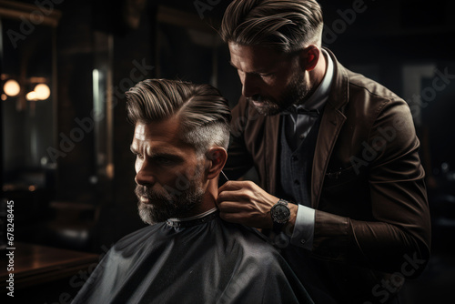 A barber carefully trimming a client's hair, creating a clean and polished look. Concept of hairstyling and personal grooming. Generative Ai.