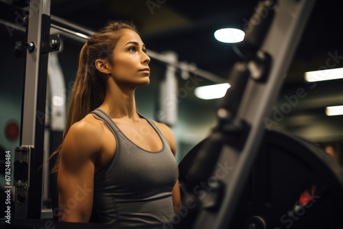 Medium shot portrait photography of a satisfied girl in her 20s practicing weight bench in a gym. With generative AI technology