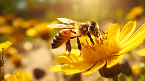 Macro shot illustration of a bee collecting pollen on a yellow blooming flower in a meadow. Seasonal spring or summer background. Banner with copy space. Colorful bokeh. Generative AI.