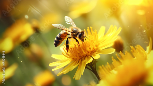 Macro shot illustration of a bee collecting pollen on a yellow blooming flower in a meadow. Seasonal spring or summer background. Banner with copy space. Colorful bokeh. Generative AI. © pawczar