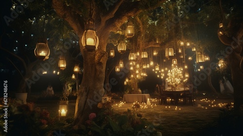 A nighttime wedding including an abundance of antique lamps and candles atop a large tree
