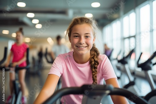 Medium shot portrait photography of a fitness kid female practicing elliptical bike in a gym. With generative AI technology photo