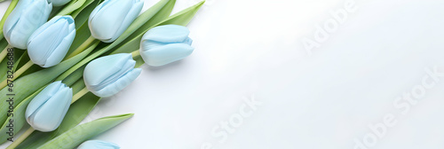 Long wide banner with tulips on a light stone background. Free copy space for text. Greetings card idea, invitation for wedding reception ora valentines mother's day. Generative AI. #678248688