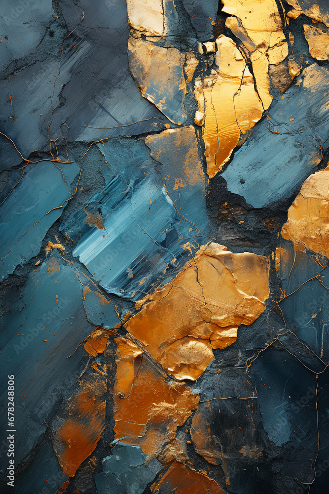 Abstract wall showing gold and blue, in the style of dripping paint. AI generative