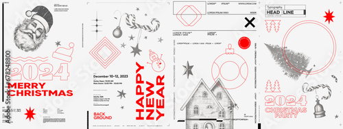 Merry Christmas and Happy New Year! 2024. Modern minimalistic Christmas banner. Vector illustration with elements of typography. Vector geometric objects. Trendy retro style.