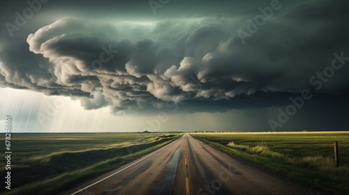 A road that goes into the distance is covered with storm clouds, producing a really striking scene. United States of America, North Dakota
