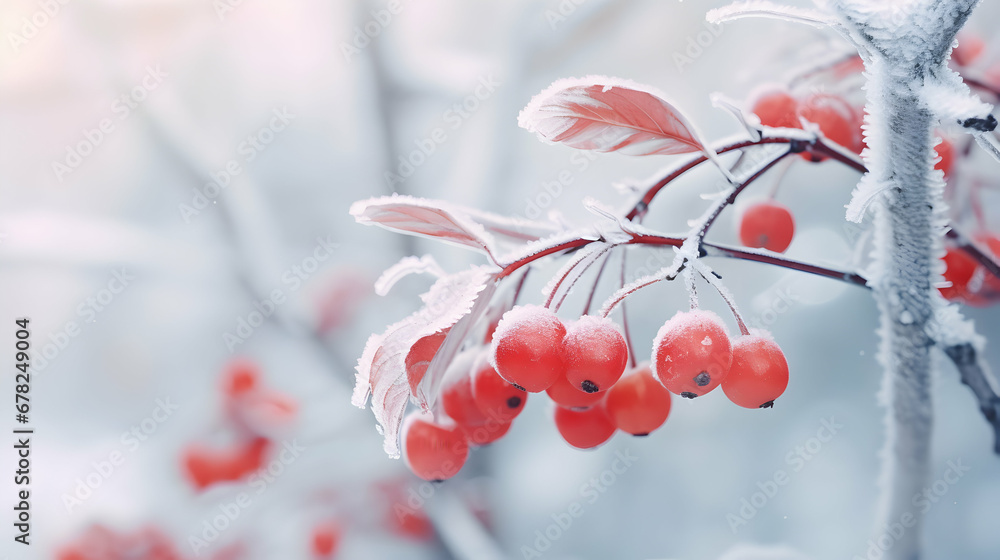 Macro shot of nature landscape or scene. Winter misty background with frozen plants, red berries in snow. Generative ai. Macro shot of nature landscape or scene. Winter misty background with frozen plants, red berries in snow. Generative ai.