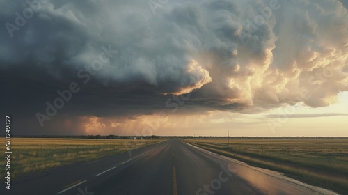 A road that goes into the distance is covered with storm clouds, producing a really striking scene. United States of America, North Dakota © juni studio
