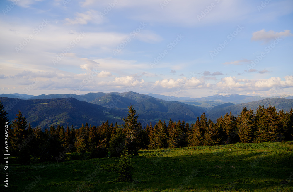 Beautiful mountains landscape with green forest. Carpathians, Ukraine.