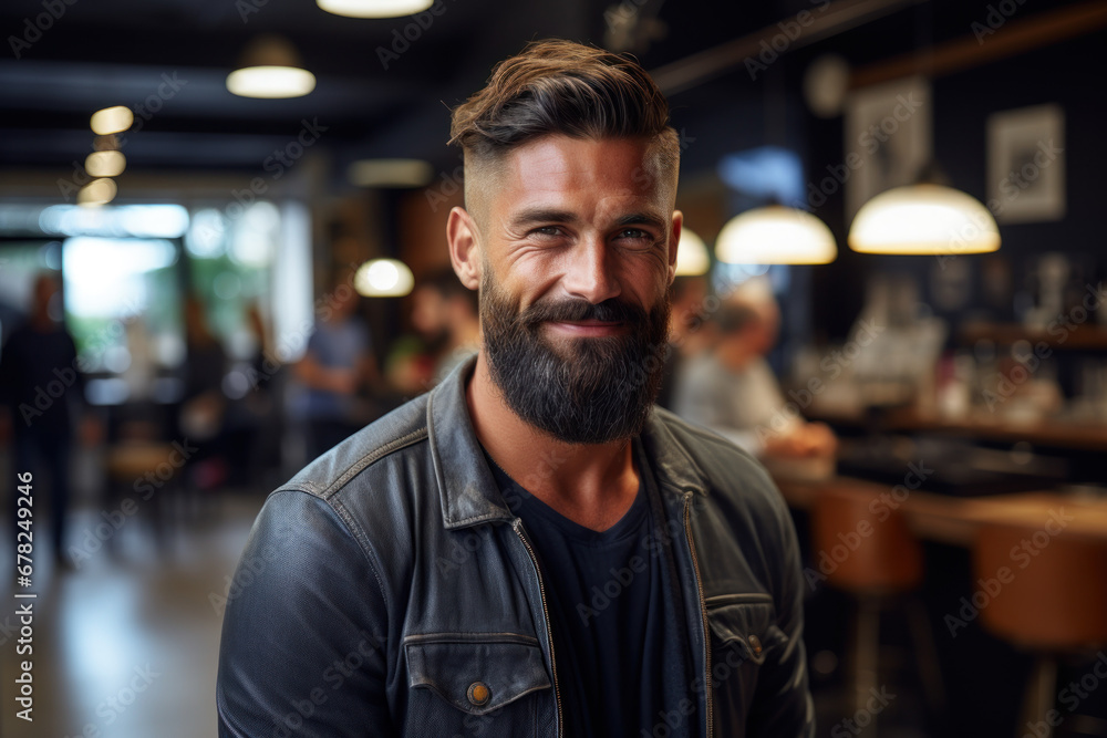 A satisfied customer leaving a barbershop with a fresh haircut and a smile, feeling confident and well-groomed. Concept of personal transformation and satisfaction. Generative Ai.