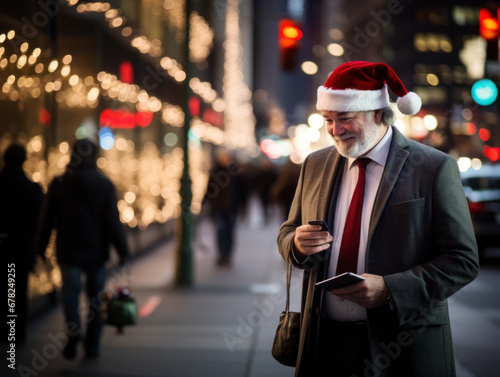 business people wearing a Santa hat walks down the street on Christmas night