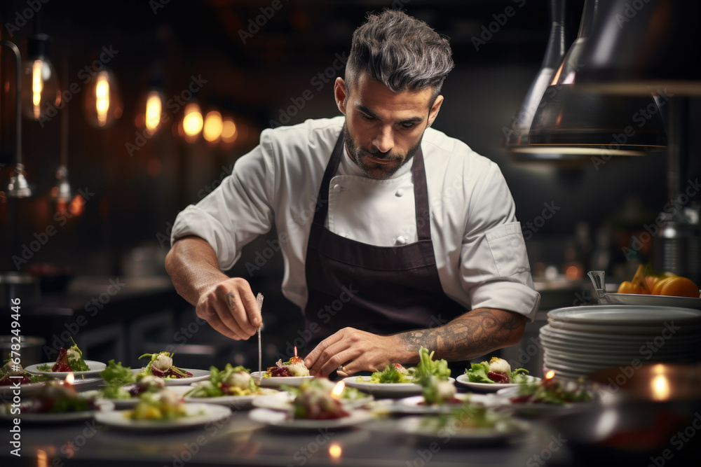A talented chef in a restaurant kitchen, expertly plating a gourmet dish. Concept of culinary art and gastronomy. Generative Ai. A talented chef in a restaurant kitchen, expertly plating a gourmet dish. Concept of culinary art and gastronomy. Generative Ai.