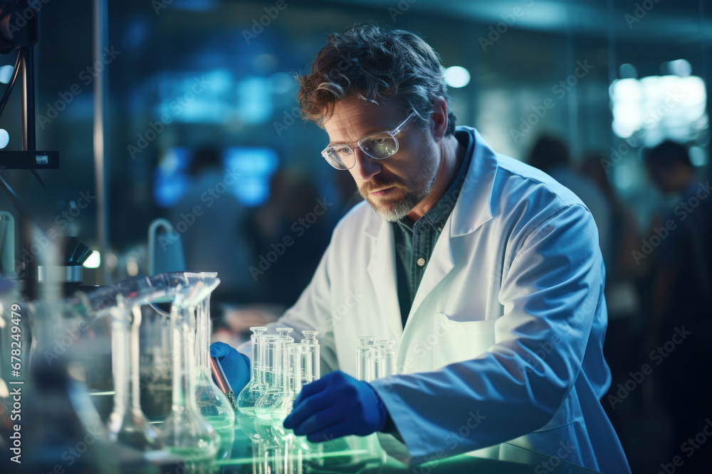 A scientist in a lab coat conducting groundbreaking experiments in a high-tech laboratory. Concept of scientific research and innovation. Generative Ai. A scientist in a lab coat conducting groundbreaking experiments in a high-tech laboratory. Concept of scientific research and innovation. Generative Ai.