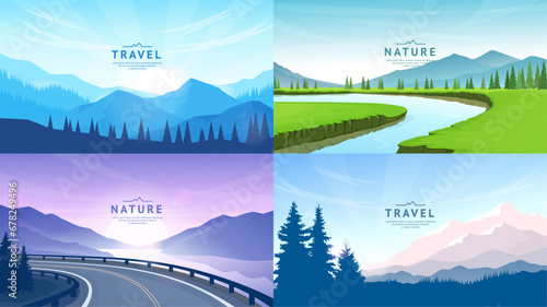 A set of polygonal banners. Mountains and forest, river and green valley, sunset, silhouettes of fir trees. Minimalistic vector drawings. Poster, banner, postcard, gift card design.