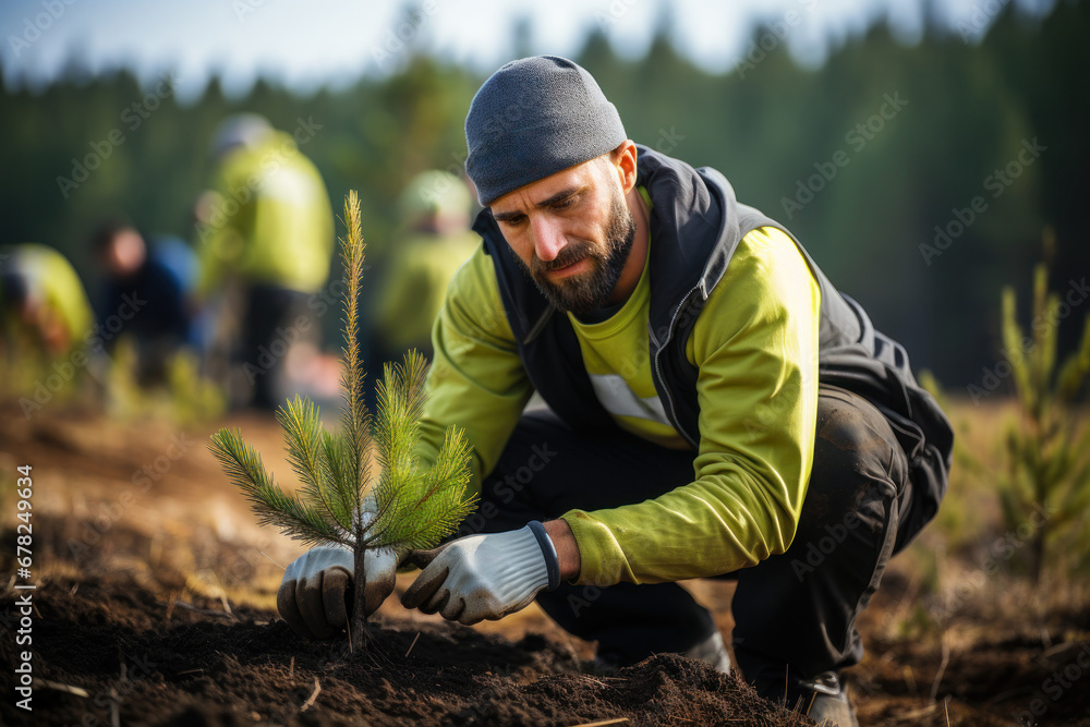 A dedicated environmentalist planting trees in a reforestation project, promoting conservation and sustainability. Generative Ai. A dedicated environmentalist planting trees in a reforestation project, promoting conservation and sustainability. Generative Ai.