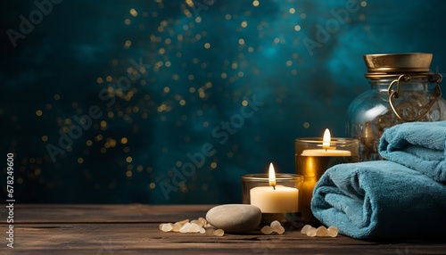Tranquil spa treatment background with flickering candles on dark backdrop, perfect for your text