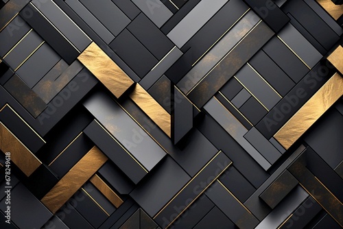 Geometric abstract wall covering. creative banner in black and gold. for a postcard, banner, or drawing.