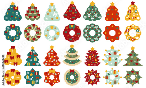 かわいいクリスマスツリーとリースののイラストセット