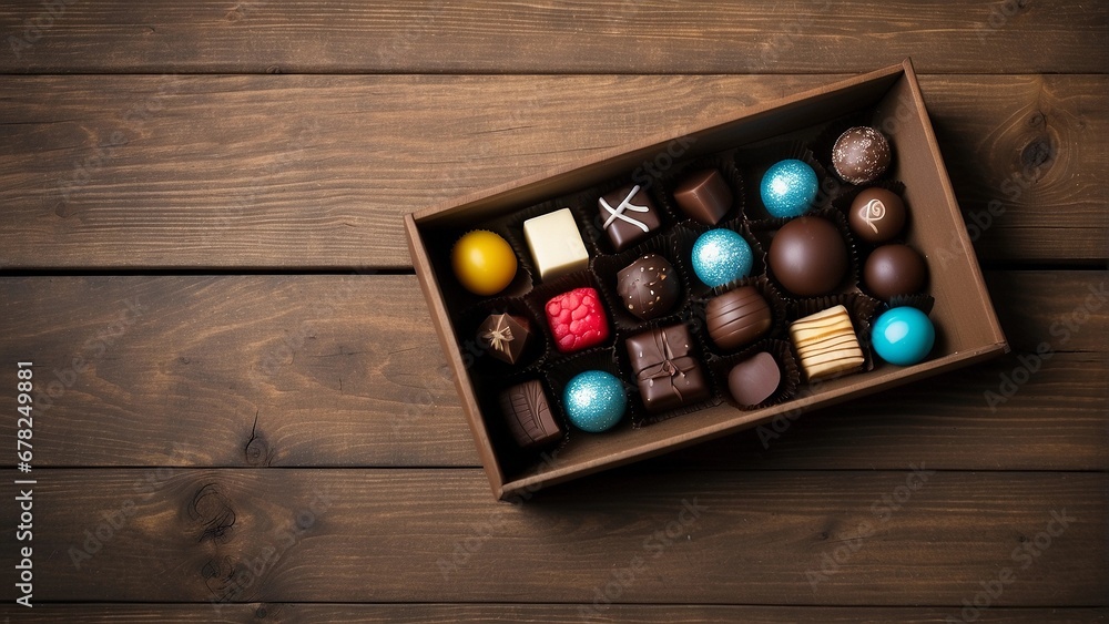 Box of assorted chocolates on wooden table Box of assorted chocolates on wooden table
