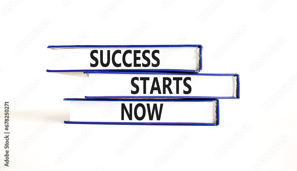 Success starts now symbol. Concept word Success starts now on beautiful books. Beautiful white table white background. Business motivational success starts now concept. Copy space.