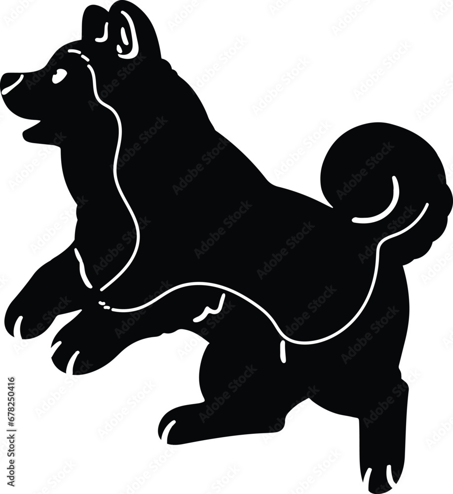 Simple and adorable Silhouette of Akita Dog jumping and playing