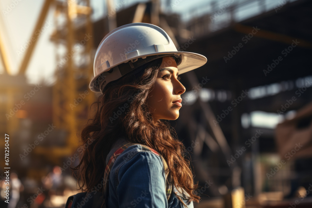 A woman engineer overseeing a major construction project, contributing to infrastructure and development. Generative Ai. A woman engineer overseeing a major construction project, contributing to infrastructure and development. Generative Ai.