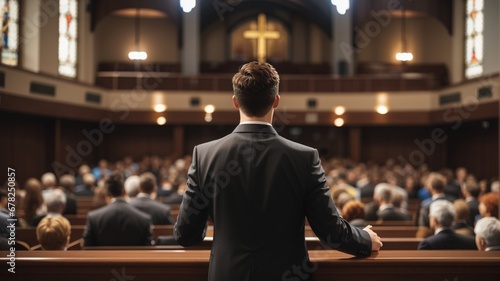 A man in a suit is preaching on top of a pulpit  photo