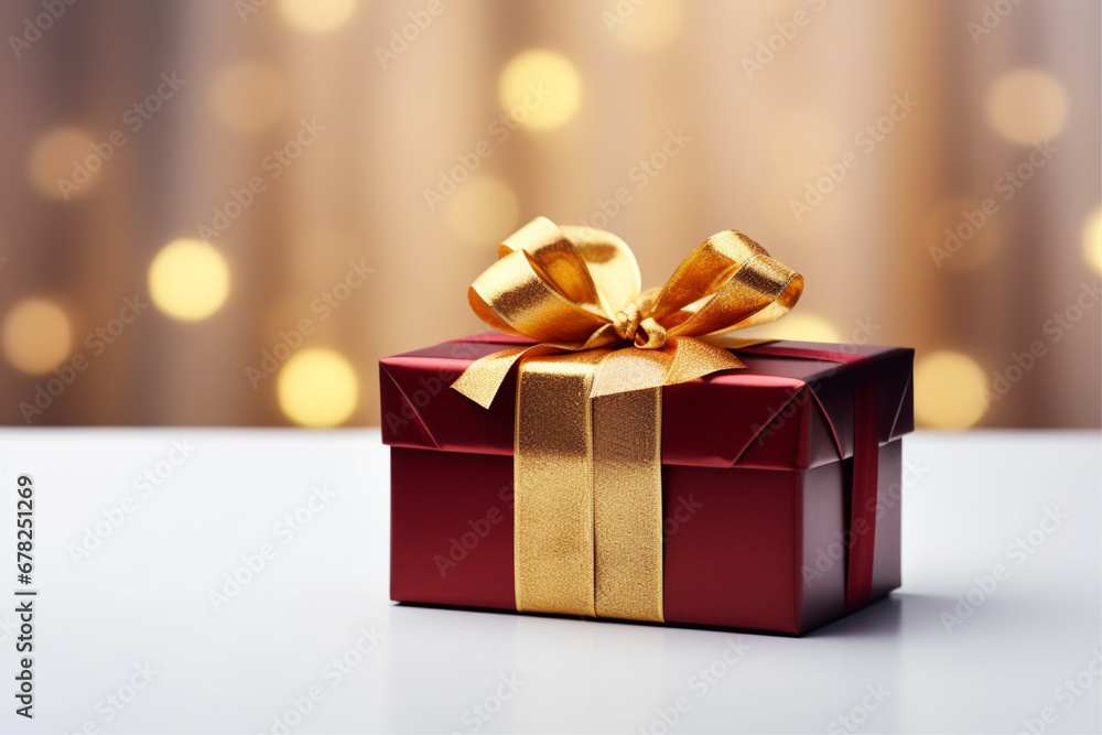 decorated gift box with golden ribbon on textured white wooden surface decorated gift box with golden ribbon on textured white wooden surface