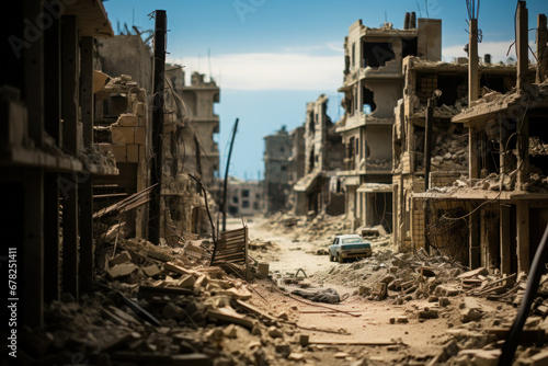 A war-torn neighborhood, underscoring the devastating consequences of conflict. Generative Ai.
