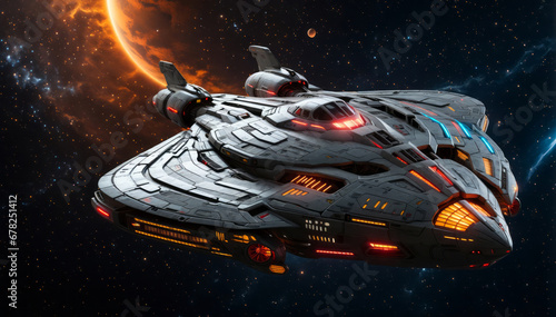 Fototapeta Naklejka Na Ścianę i Meble -  A large spaceship flies into the depths of space.