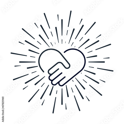 Handshake, heart in glowing rays. Holiday, meeting of dear friends. Vector linear illustration icon isolated on white background.