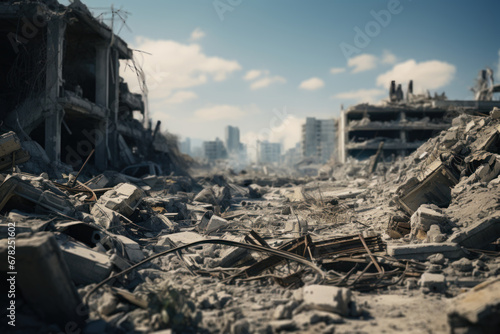 The rubble of a damaged building, a stark reminder of the destruction caused by the conflict. Generative Ai.