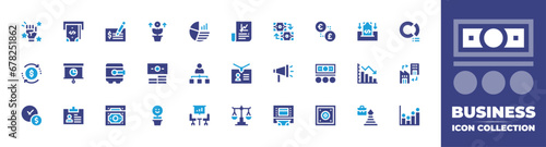 Business icon collection. Duotone color. Vector and transparent illustration. Containing cheque, exchange, safebox, marketing, money, atm, cash point, investment, pie chart, panel, business card.